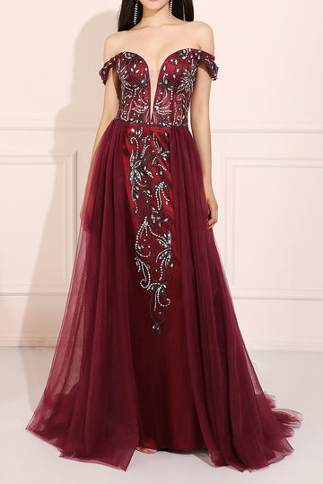 Burgundy Beaded Long Prom Dress